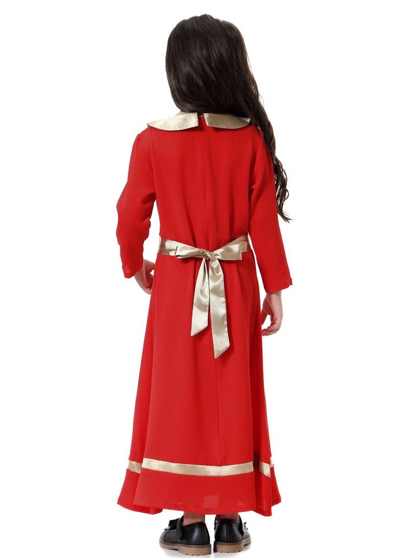 Loquat Girl's Round Neck Long Sleeve Maxi Dress With Belt Red/Gold  - Image 2
