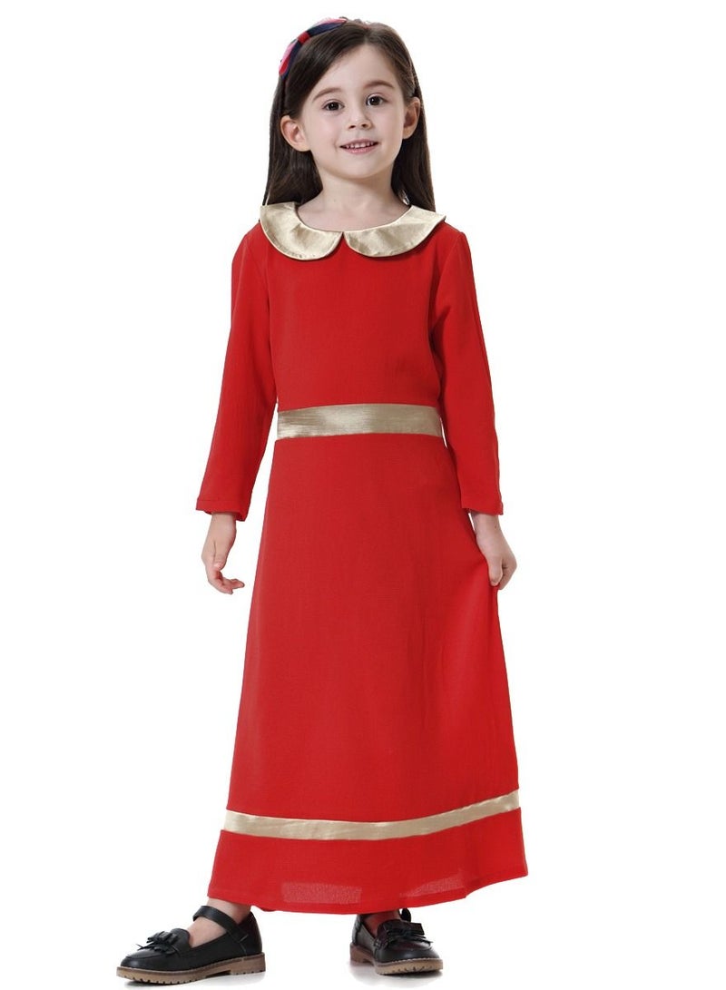 Loquat Girl's Round Neck Long Sleeve Maxi Dress With Belt Red/Gold  - Image 1