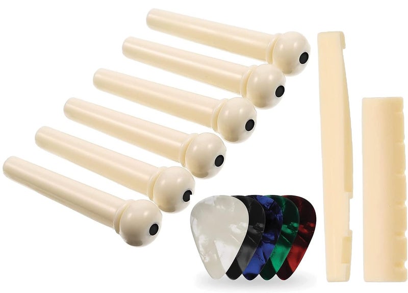 IMAGINEA Acoustic Guitar Bridge Saddle Nut with 6pcs Guitar Bridge Pins for 6-String Style Guitar Parts Accessories Replacement Tools Kits (White) - Image 1