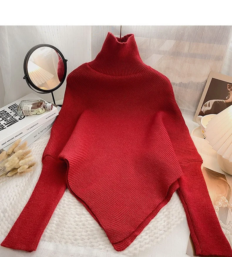Outzidr  Red Full Sleeve Turtle Neck Asymmetrical Hem Sweater  | Best Price UAE
