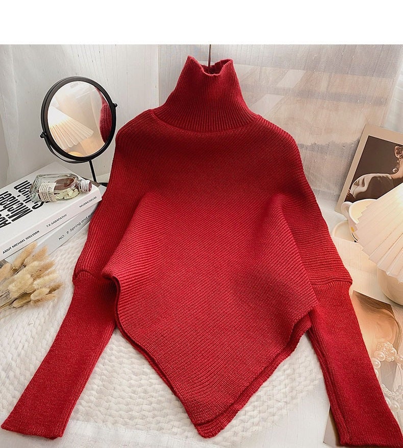 OUTZIDR Red Full Sleeve Turtle Neck Asymmetrical Hem Sweater - Image 2