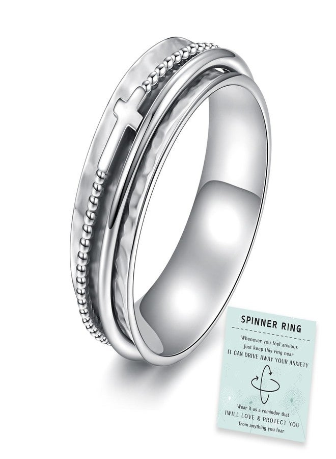 Sariel Cross Fidget Ring for Women - 925 Sterling Silver Spinner Rings Spinning Rings Band Wide Hammered (Silver, 9) - Image 1