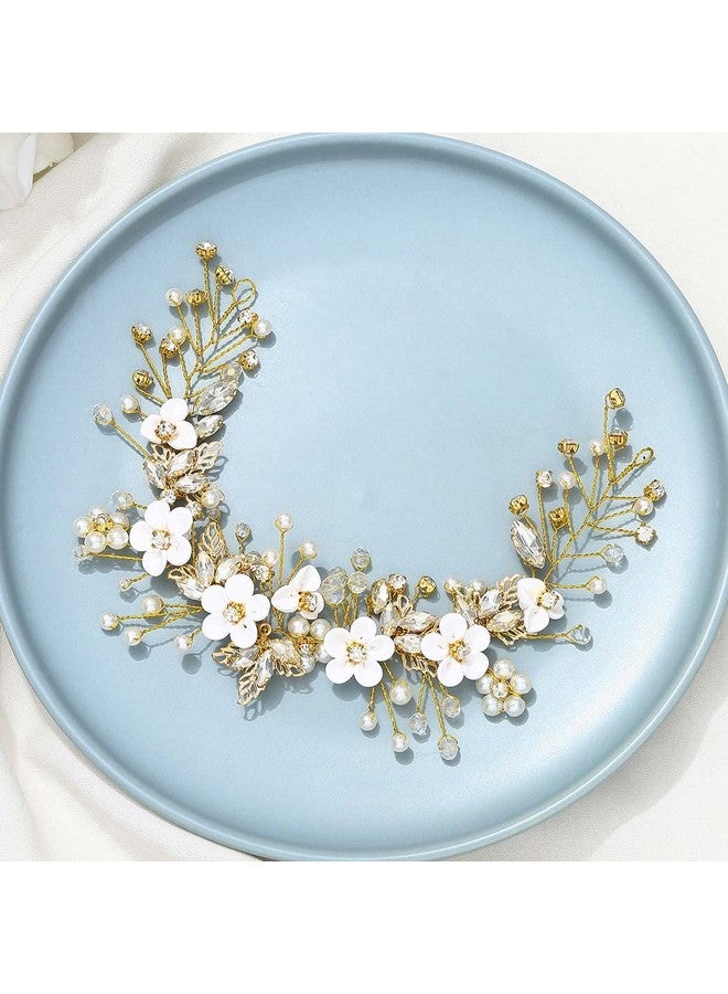 GORAIS Flower Bride Wedding Hair Vine Crystal Bridal Headpieces Pearl Hair Accessories For Women And Girls (Bgold) - Image 2