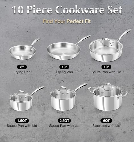 KOCH SYSTEME CS Tri-Ply Stainless Steel Cookware Set 10 Piece, Professional 18/10 Stianless Steel Pots and Pans Set, Oven & Induction Safe, Non-Toxic Kitchen Cookware Set for Family Cooking, 10pcs - Image 4