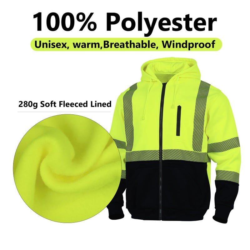 VENDACE High Visibility ANSI Class 3 Reflective Safety Fleece Sweatshirt Hoodie for Men Hi Vis Hoodies Zipper Jacket(Yellow,XL) - Image 4