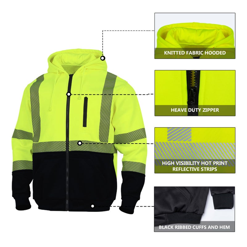 VENDACE High Visibility ANSI Class 3 Reflective Safety Fleece Sweatshirt Hoodie for Men Hi Vis Hoodies Zipper Jacket(Yellow,XL) - Image 5