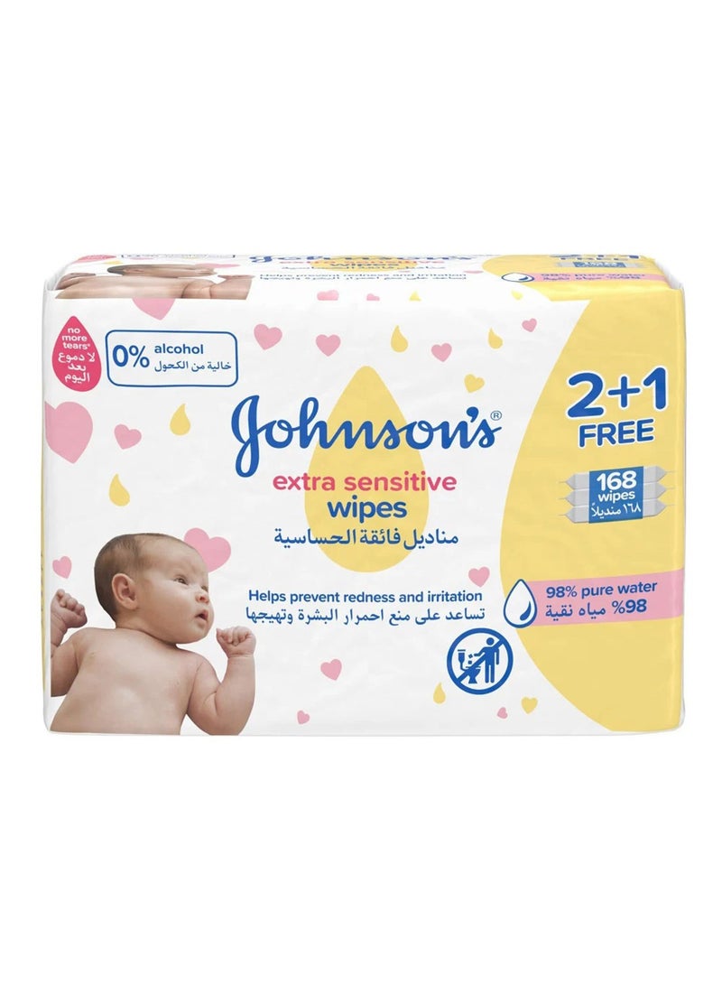 Johnson's Baby Extra Sensitive Wipes With 98% Pure Water, 2+1 Packs of 56 Wipes, 168 count - Image 1