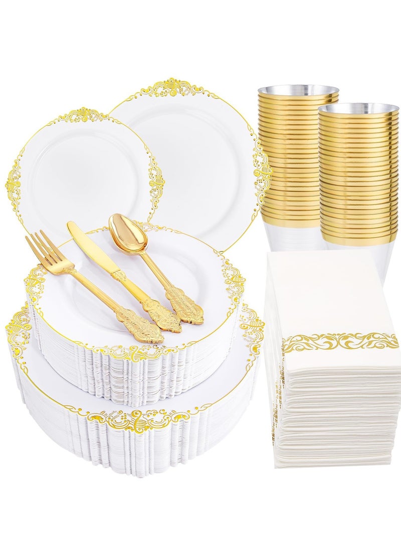 LAMAY 350PCS White Plastic Dinnerware Set for 50 Guests, Disposable Plates for Party, Wedding, Include 50 Dinner Plates, 50 Dessert Plates, 50 Set Silverware, 50 Cups, 50 Napkins - Image 1