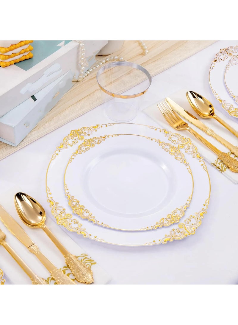 LAMAY 350PCS White Plastic Dinnerware Set for 50 Guests, Disposable Plates for Party, Wedding, Include 50 Dinner Plates, 50 Dessert Plates, 50 Set Silverware, 50 Cups, 50 Napkins - Image 2