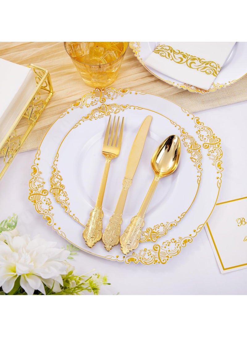 LAMAY 350PCS White Plastic Dinnerware Set for 50 Guests, Disposable Plates for Party, Wedding, Include 50 Dinner Plates, 50 Dessert Plates, 50 Set Silverware, 50 Cups, 50 Napkins - Image 3