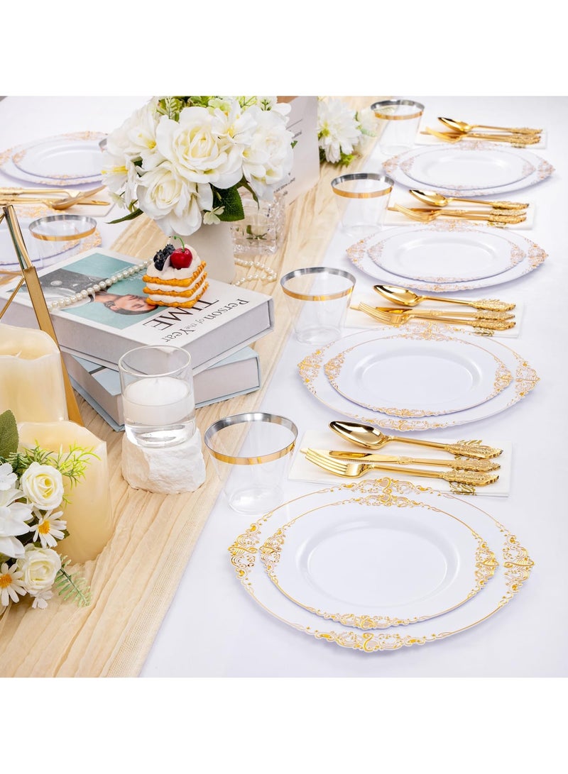 LAMAY 350PCS White Plastic Dinnerware Set for 50 Guests, Disposable Plates for Party, Wedding, Include 50 Dinner Plates, 50 Dessert Plates, 50 Set Silverware, 50 Cups, 50 Napkins - Image 5