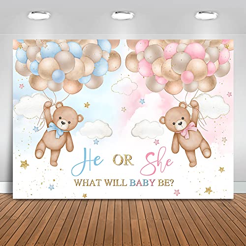 Mocsicka Gender Reveal Backdrop 7x5ft Blue Vinyl Fabric Photo Booth Props Cake Table Decoration We Can Bearly Wait - Image 1