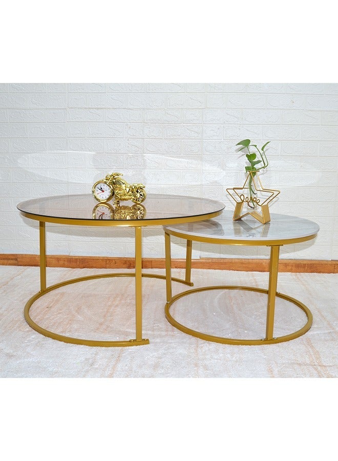 كيكي طقم من طاولتين قهوة دائريتين عصريتين مع سطح من حجر الرخام وإطار معدني - Image 5