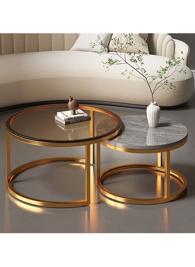 كيكي طقم من طاولتين قهوة دائريتين عصريتين مع سطح من حجر الرخام وإطار معدني - Image 2