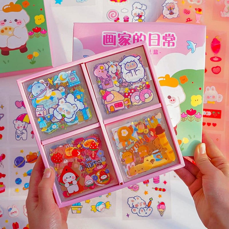 EAMOTOL Kawaii Cartoon Rabbit Bear Stickers - EAMOTOL 800 PCS/100 Sheets Transparent PVC Cute Animals Bunny Sticker Kit for Scrapbooking Supplies Planner Clipping Bullet Junk Journals DIY Crafts Letter Cards - Image 1