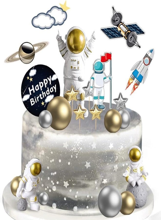 CANIPHA 22 Pcs Space Cake Topper,Outer Space Cupcake Toppers Astronaut Figurine Decorations Birthday Space Themed Party Supplies Planet Rocket Pearl Balls and Star DIY Cake Toppers for Kids Party Baby Shower - Image 1
