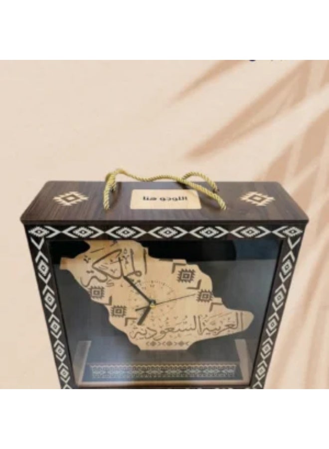 Samrix Al-Ulya Box by Samrix  A box with a stand for easy transport, containing a battery-operated clock shaped like a map of Saudi Arabia. - Image 3