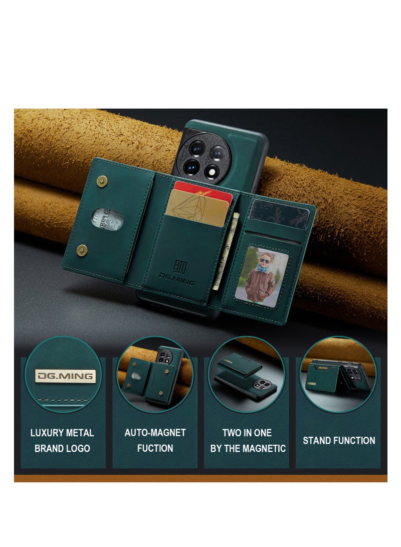 DGMING Wallet Case for OnePlus 11, DG.MING Premium Leather Phone Case Back Cover Magnetic Detachable with Trifold Wallet Card Holder Pocket (Green) - Image 3