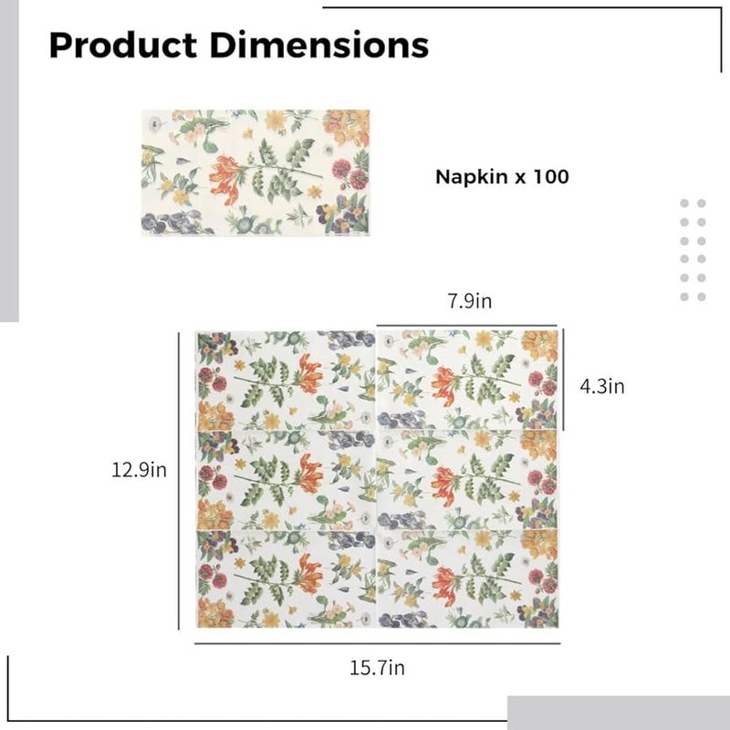 100 Pcs Floral Printed Paper Napkins 12.9x15.7 Inches Disposable for Wedding Dinner Party - Image 3