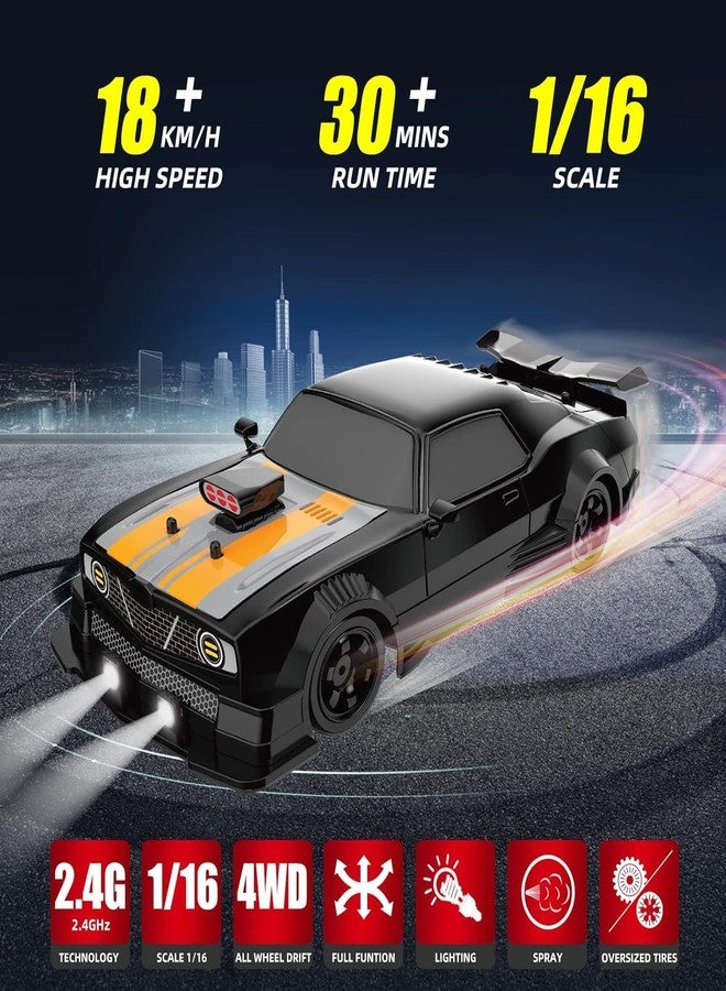 EXOMOON سيارة EXOMOON RC Drift Car 2.4GHz بمقياس 1:16 رباعية الدفع بسرعة 18 كم/ساعة، سيارة تحكم عن بعد عالية السرعة مزودة بأضواء LED وبطارية واحدة وإطارات مطاطية، لعبة سباق رياضية للكبار والأولاد والبنات والأطفال (أسود). - Image 3