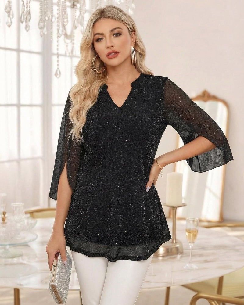 VALOLIA Sequin Shirts for Women: 3/4 Bell Sleeve Sparkly Glitter Evening Blouses - Dressy Tops for Women Night Out - Black Blouses for Womens Dressy Casual Plus Size Holiday Tunic Shirts XXL - Image 3