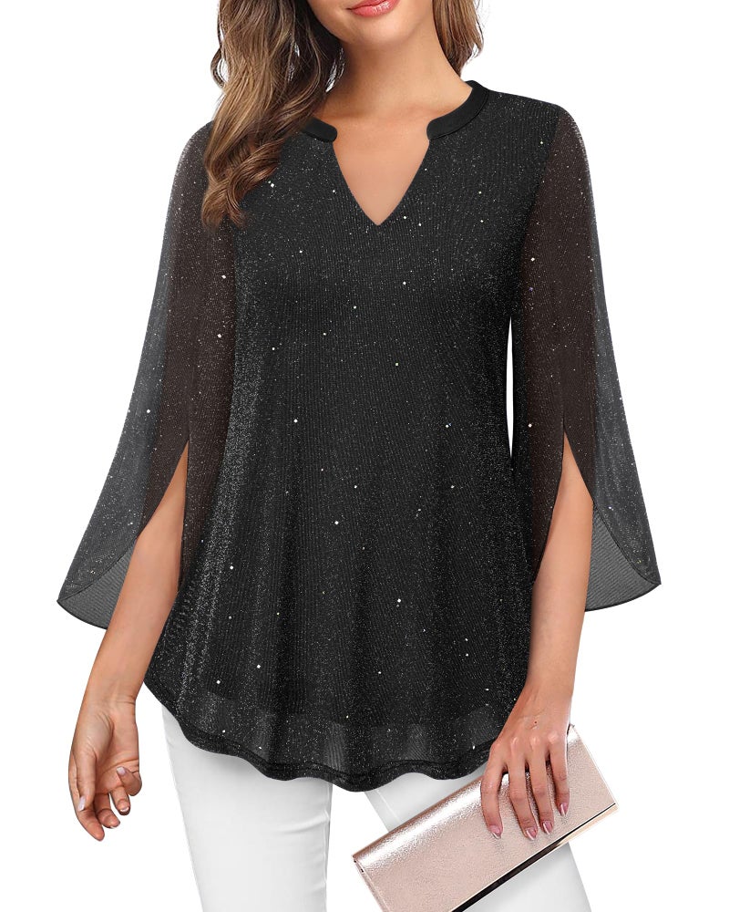 VALOLIA Sequin Shirts for Women: 3/4 Bell Sleeve Sparkly Glitter Evening Blouses - Dressy Tops for Women Night Out - Black Blouses for Womens Dressy Casual Plus Size Holiday Tunic Shirts XXL - Image 1