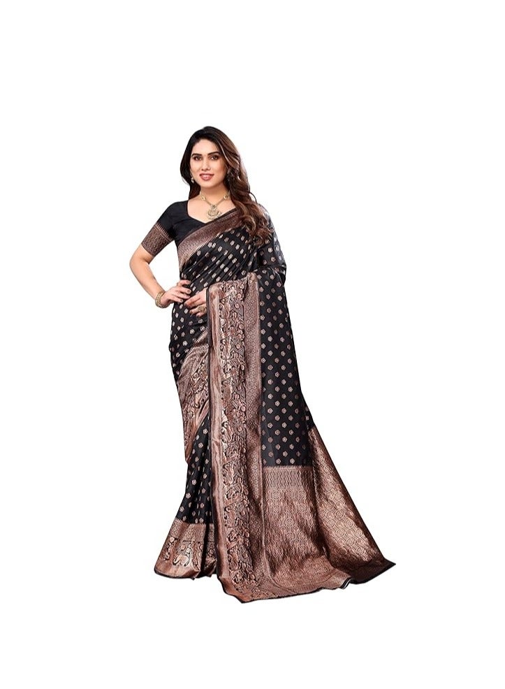 مملكة الإكسسوارات ساري حريري بناراسي جاكار نسائي مع بلوزة غير مخيطة (حرير خماسي)  - Image 1