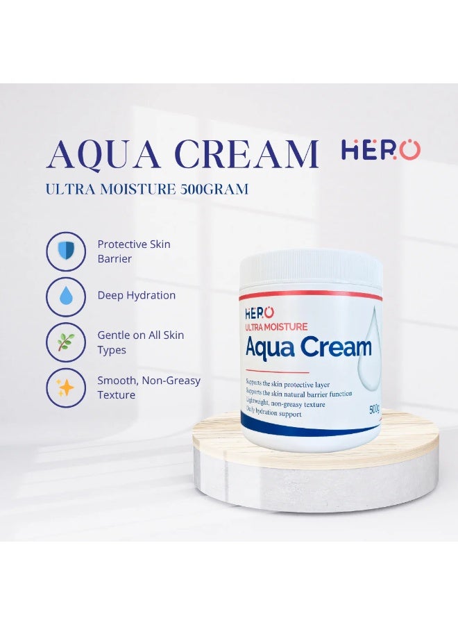 HERO Ultra Moisture Aqua Cream 500g | Intensive Hydrating Moisturizing Cream for Dry, Sensitive & Dehydrated Skin | Lightweight Non-Greasy Face & Body Moisturizer | Skin Barrier Support | Fragrance Free - Image 2