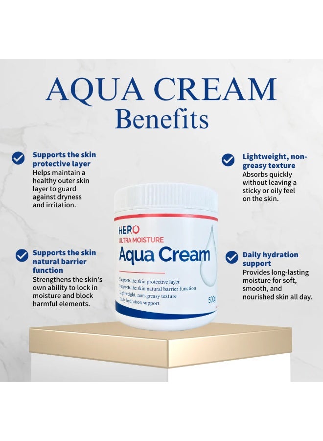 HERO Ultra Moisture Aqua Cream 500g | Intensive Hydrating Moisturizing Cream for Dry, Sensitive & Dehydrated Skin | Lightweight Non-Greasy Face & Body Moisturizer | Skin Barrier Support | Fragrance Free - Image 3