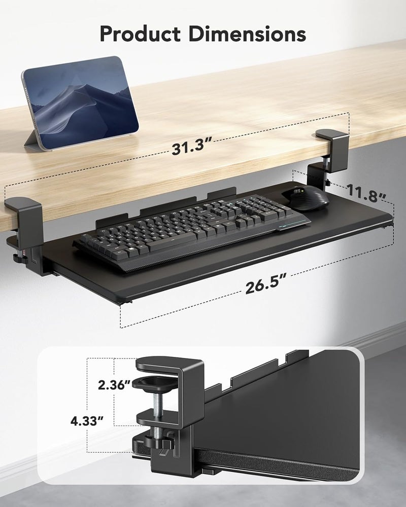 HUANUO Keyboard Tray Under Desk, Pull Out Keyboard Tray with C Clamp Mount, 26.5â€³ W x 11.8â€³ D Slide Out Computer Keyboard Drawer Mouse Tray for Typing, Black - Image 2