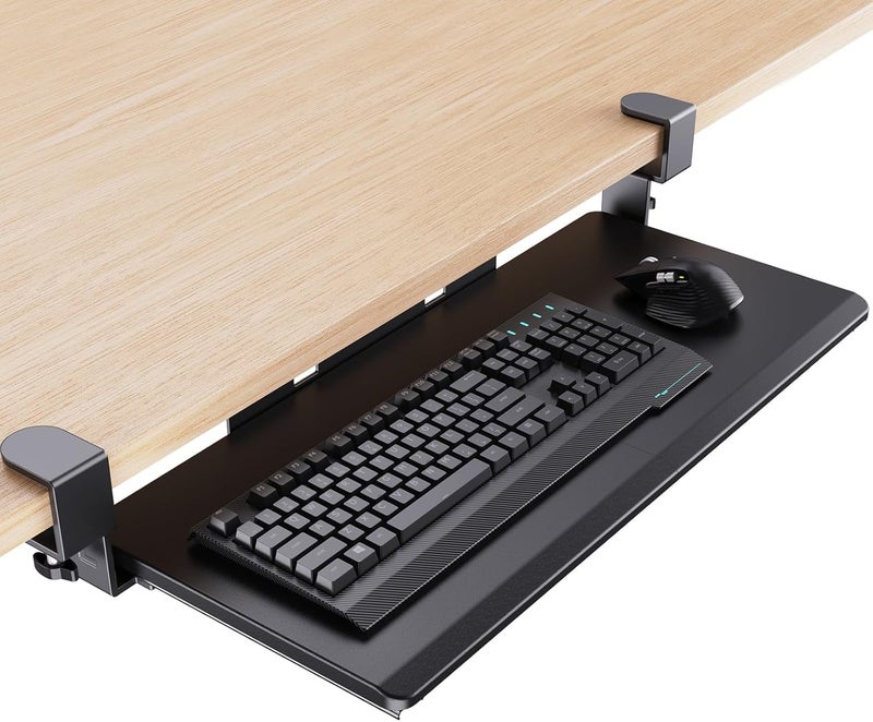 HUANUO Keyboard Tray Under Desk, Pull Out Keyboard Tray with C Clamp Mount, 26.5â€³ W x 11.8â€³ D Slide Out Computer Keyboard Drawer Mouse Tray for Typing, Black - Image 1