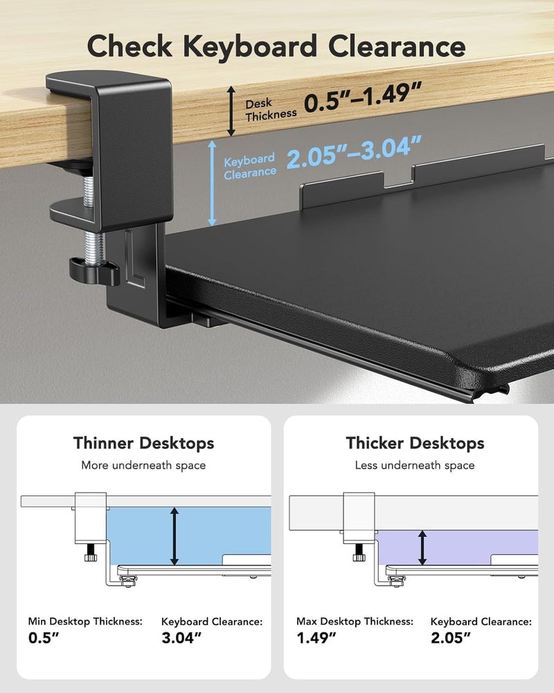 HUANUO Keyboard Tray Under Desk, Pull Out Keyboard Tray with C Clamp Mount, 26.5â€³ W x 11.8â€³ D Slide Out Computer Keyboard Drawer Mouse Tray for Typing, Black - Image 4