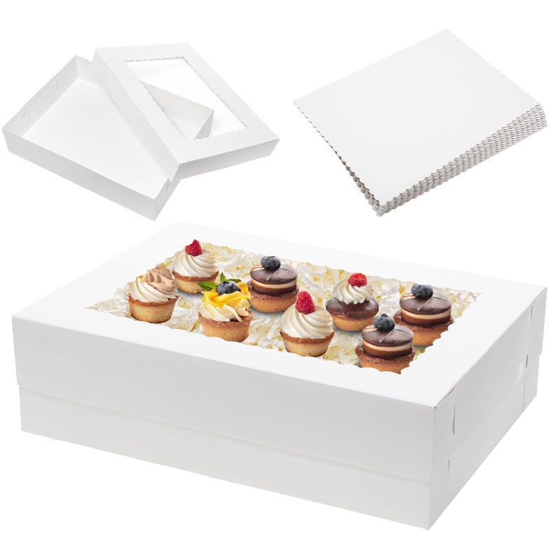 Mefleet 6pcs 19x14x5 Half Sheet Cake Boxes with 6pcs Cake Boards Rectangle 1/2 Sheet Bakery Boxes with Window for Pastry Baking Cake, Cupcakes, Donuts, Cookies, Pie Treat Packaging White Large - Image 1