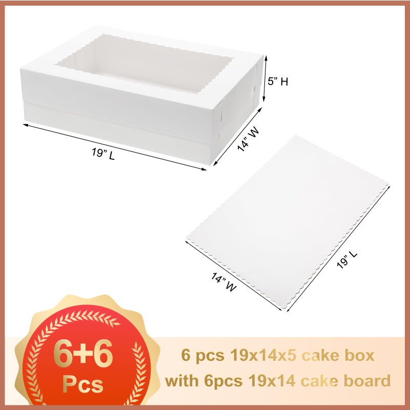 Mefleet 6pcs 19x14x5 Half Sheet Cake Boxes with 6pcs Cake Boards Rectangle 1/2 Sheet Bakery Boxes with Window for Pastry Baking Cake, Cupcakes, Donuts, Cookies, Pie Treat Packaging White Large - Image 2