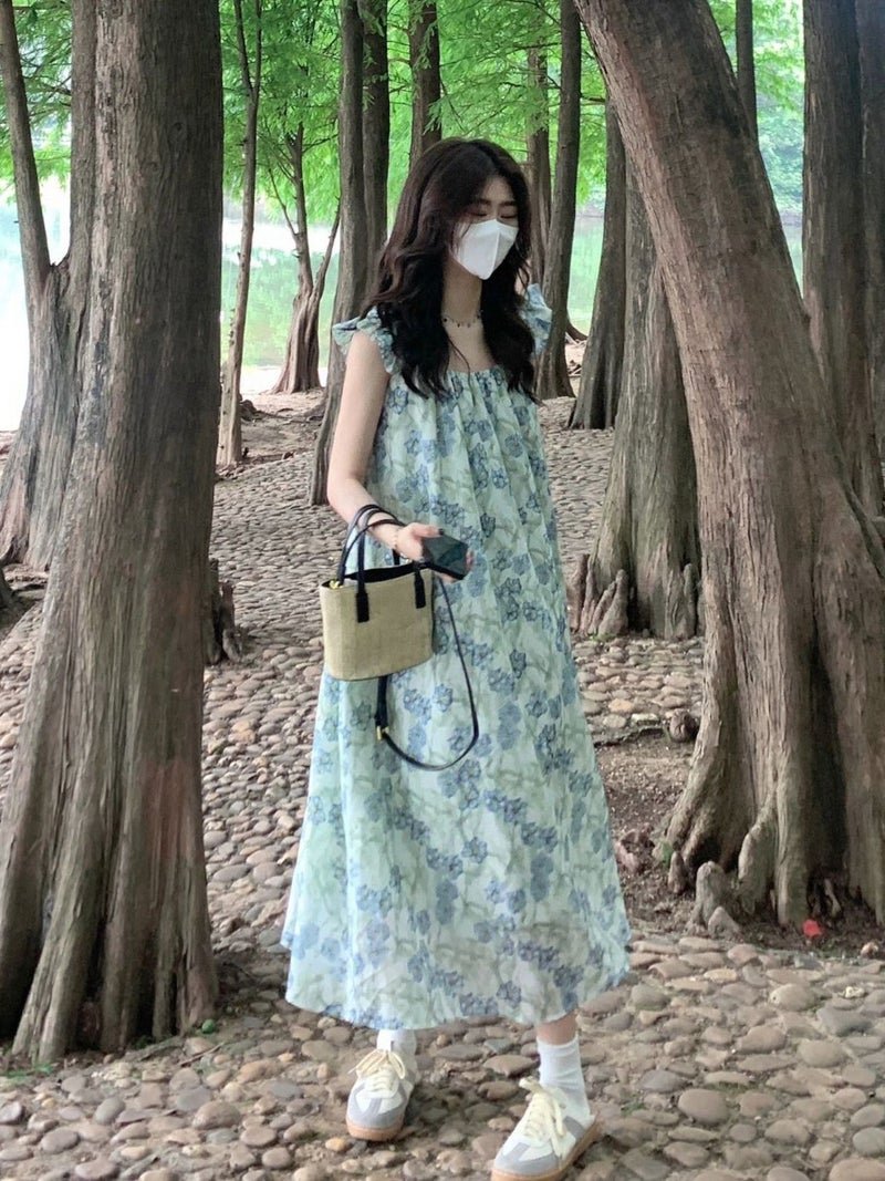 2025 French Style Floral Floral Petite Flying Sleeve Draped Backless dress Children Summer Fairy Doll Dress Long Dress As Shown