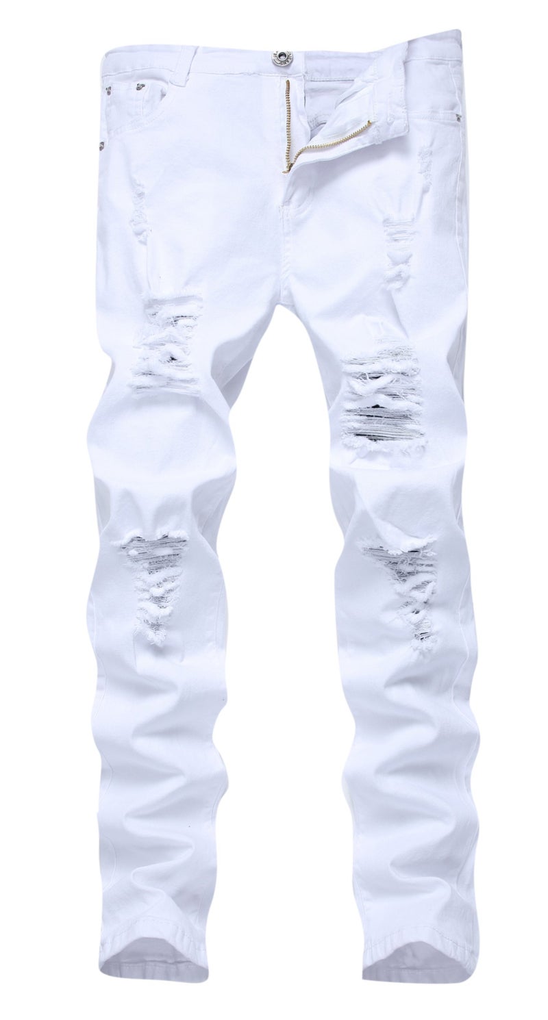 FREDD MARSHALL Men's White Skinny Slim Fit Ripped Distressed Destroyed Stretch Jeans Pants White 30W - Image 1