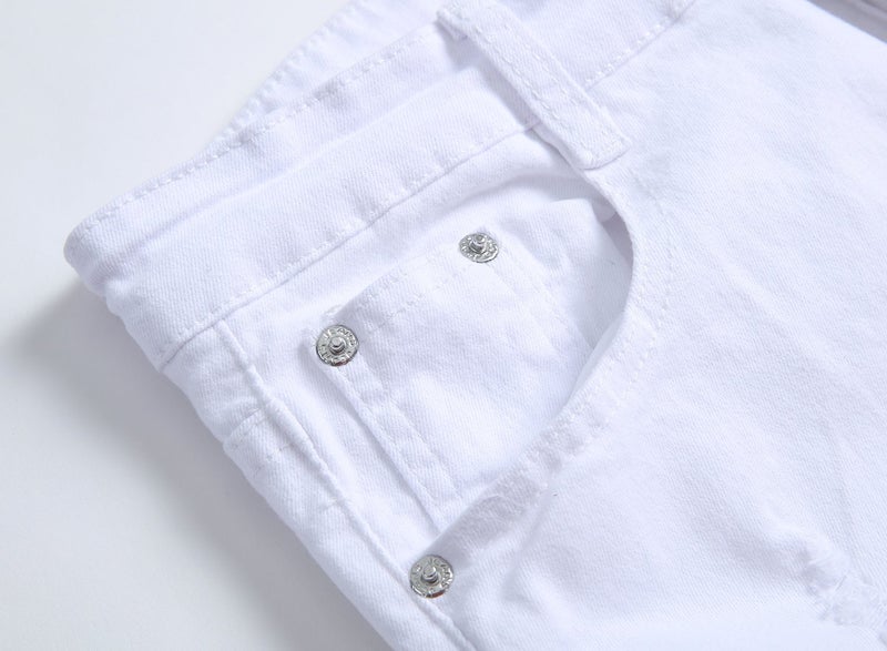 FREDD MARSHALL Men's White Skinny Slim Fit Ripped Distressed Destroyed Stretch Jeans Pants White 30W - Image 3
