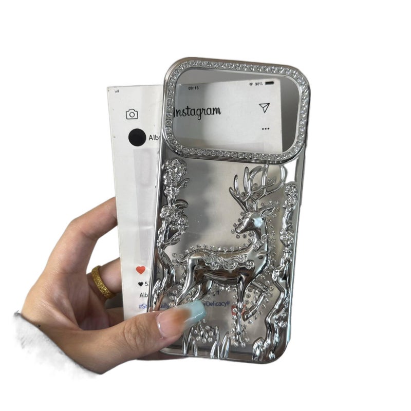 MS غطاء واقي بTPU لـ iPhone 16 / 16 Plus / 16 Pro / 16 Pro Max مع مطلي بالكهرباء وحجر الراين ثلاثي الأبعاد مع مقاوم للصدمات مع نقش الغزال باللون Electroplated Silver بتفاصيل مرصعة من. - Image 1