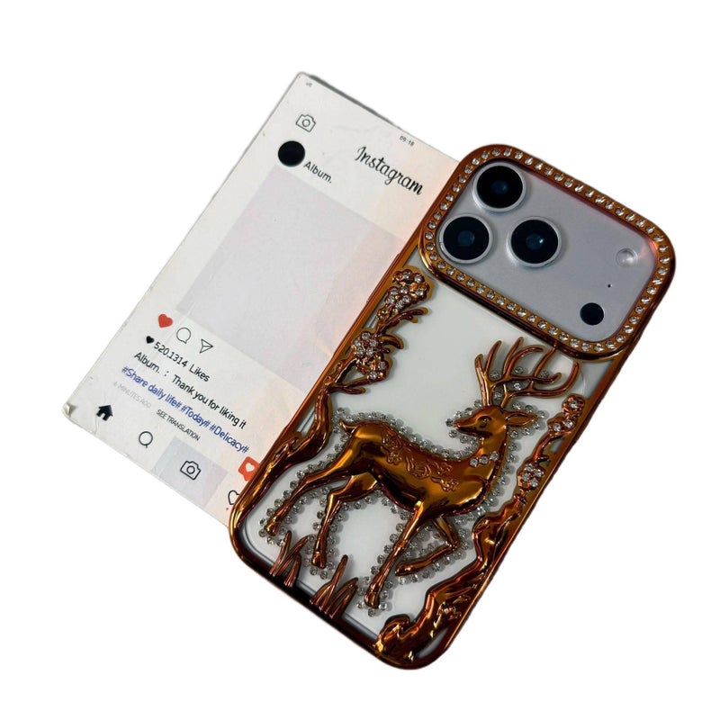 MS غطاء واقي بTPU لـ iPhone 16 / 16 Plus / 16 Pro / 16 Pro Max مع مطلي بالكهرباء وحجر الراين ثلاثي الأبعاد مع مقاوم للصدمات مع نقش الغزال باللون Electroplated Silver بتفاصيل مرصعة من. - Image 4