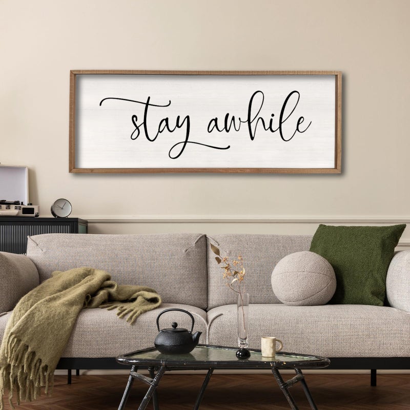 comurdyo Living Room Wall Decor Stay Awhile Sign 32"Ã—12" Lets Stay Family Home Large Vintage Farmhouse Simple Wood Frame for Entryway Hallway Plaque Horizontal Art Hangin (Wood) - Image 1