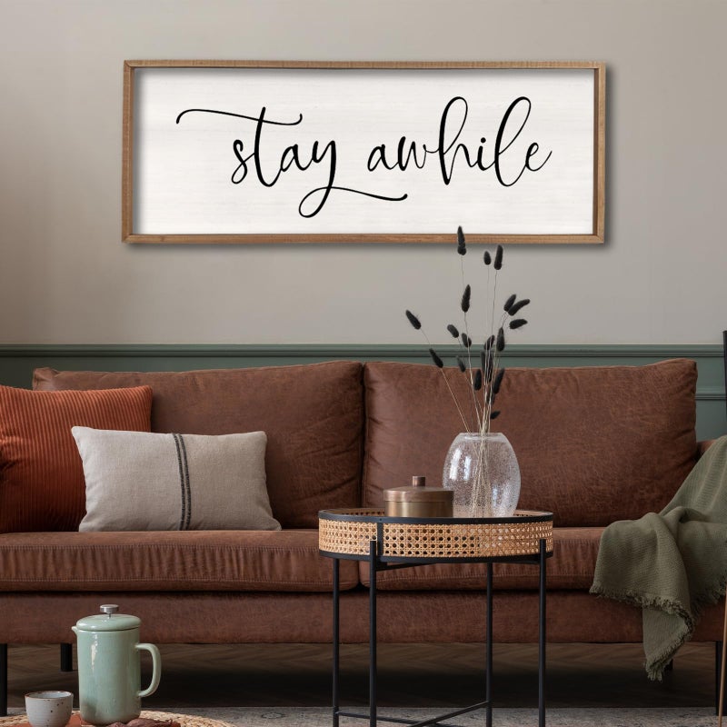 comurdyo Living Room Wall Decor Stay Awhile Sign 32"Ã—12" Lets Stay Family Home Large Vintage Farmhouse Simple Wood Frame for Entryway Hallway Plaque Horizontal Art Hangin (Wood) - Image 3