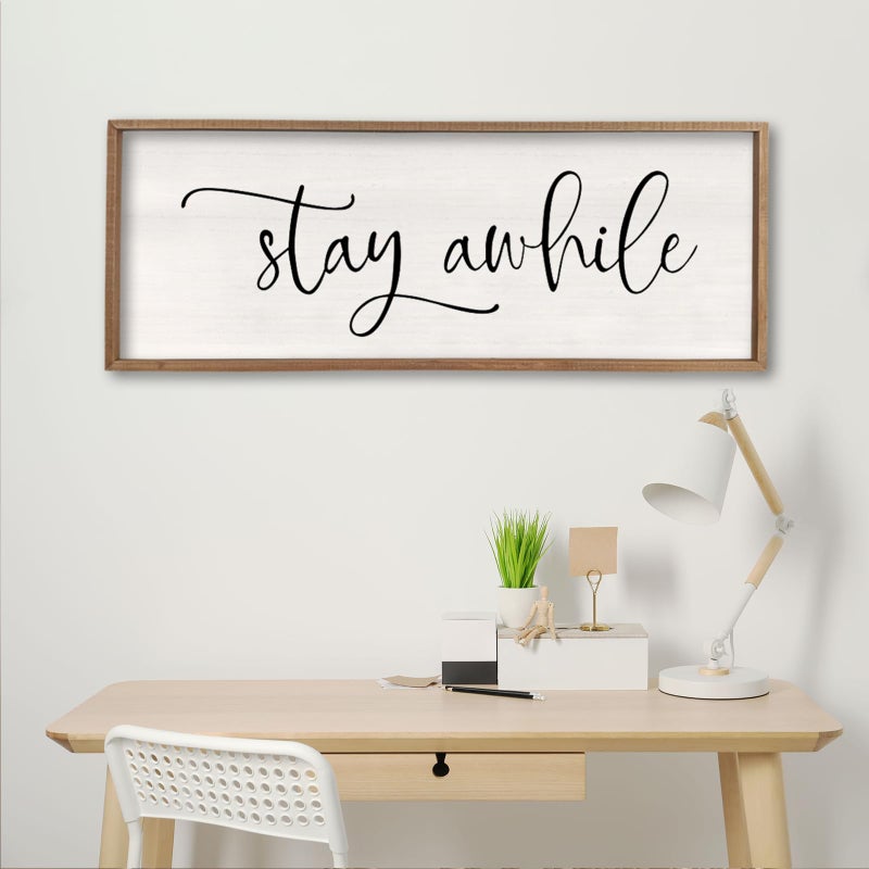 comurdyo Living Room Wall Decor Stay Awhile Sign 32"Ã—12" Lets Stay Family Home Large Vintage Farmhouse Simple Wood Frame for Entryway Hallway Plaque Horizontal Art Hangin (Wood) - Image 4