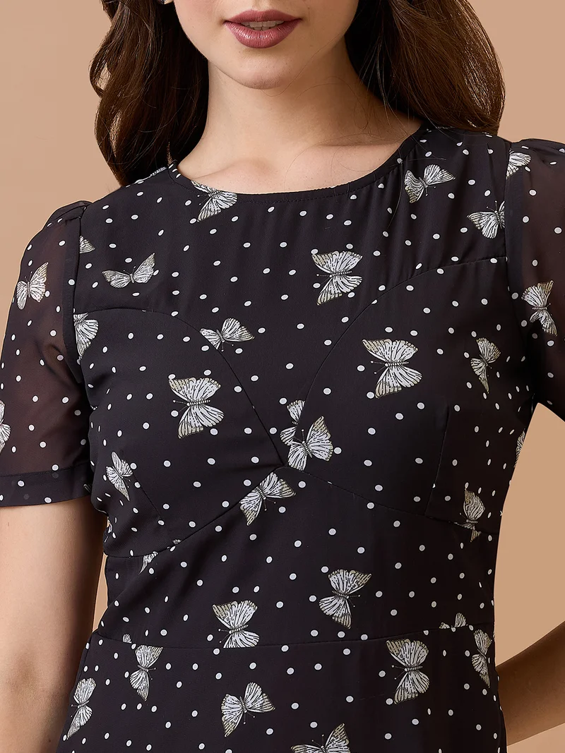 globus Women Polka Dots Round Neck Short Puff Sleeves Fit & Flare Mini Dress