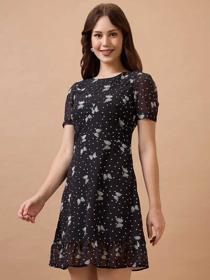 globus Women Polka Dots Round Neck Short Puff Sleeves Fit & Flare Mini Dress