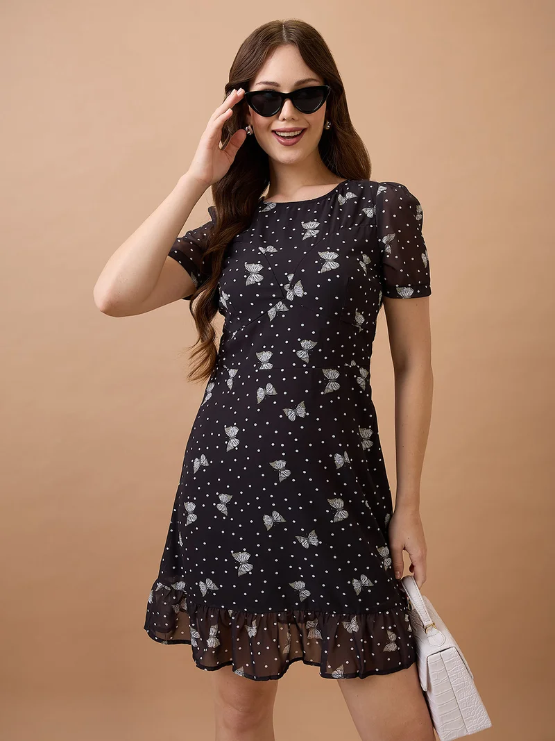 globus Women Polka Dots Round Neck Short Puff Sleeves Fit & Flare Mini Dress