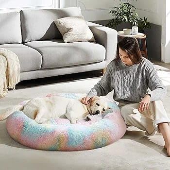 ZEXSAZONE Summer Round Donut Pet Bed for Cats and Puppies Dogs, Cozy and Plush, Raised Bedside Support, Both Sides Use Like 2 in One, Washable, Sizes for Small, Medium, and Large Pets. (Rainbow) - Image 3