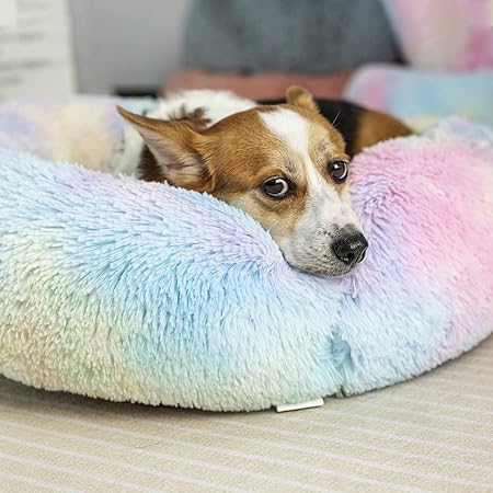 ZEXSAZONE Summer Round Donut Pet Bed for Cats and Puppies Dogs, Cozy and Plush, Raised Bedside Support, Both Sides Use Like 2 in One, Washable, Sizes for Small, Medium, and Large Pets. (Rainbow) - Image 5
