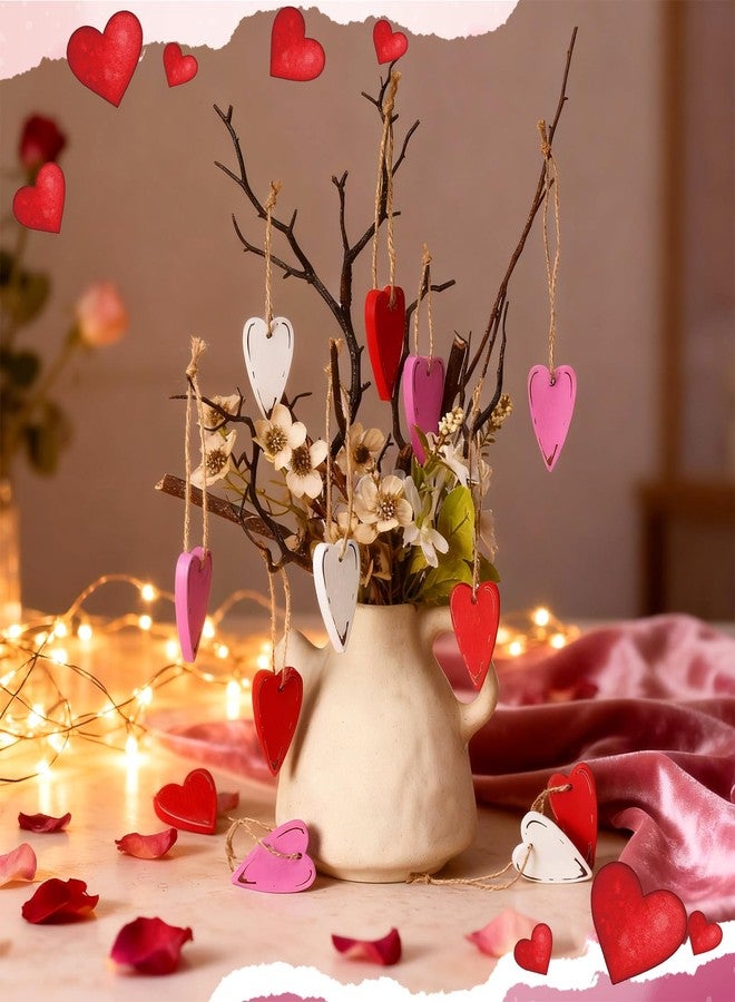 Vercraft 24 Pcs Rustic Valentine's Day Heart Ornaments for Tree Wooden Vintage Pink Red White Valentines Tree Decoration Heart Hanging Ornaments for Home Anniversary Birthday Party Decoration - Image 3