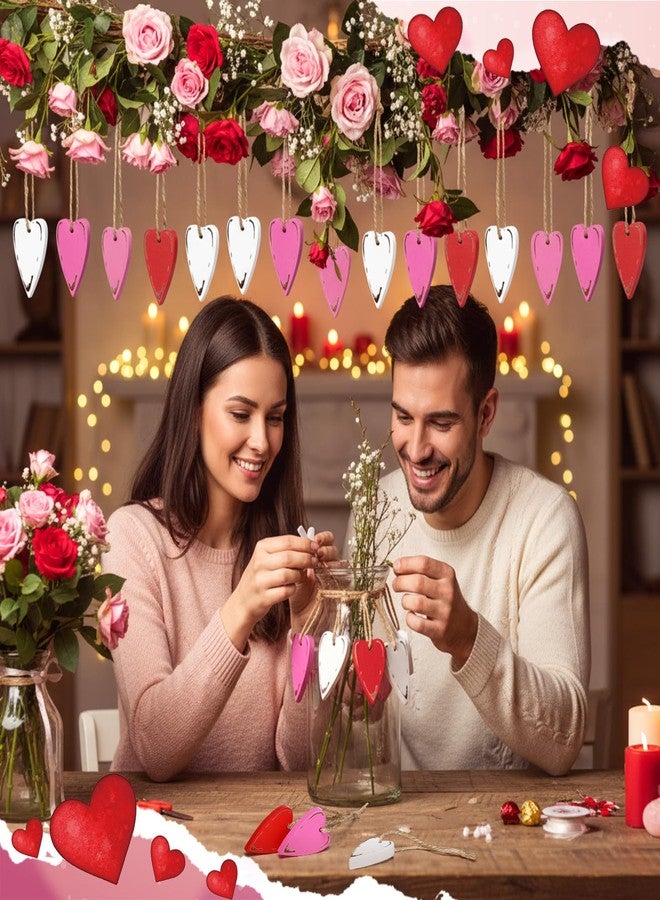 Vercraft 24 Pcs Rustic Valentine's Day Heart Ornaments for Tree Wooden Vintage Pink Red White Valentines Tree Decoration Heart Hanging Ornaments for Home Anniversary Birthday Party Decoration - Image 4