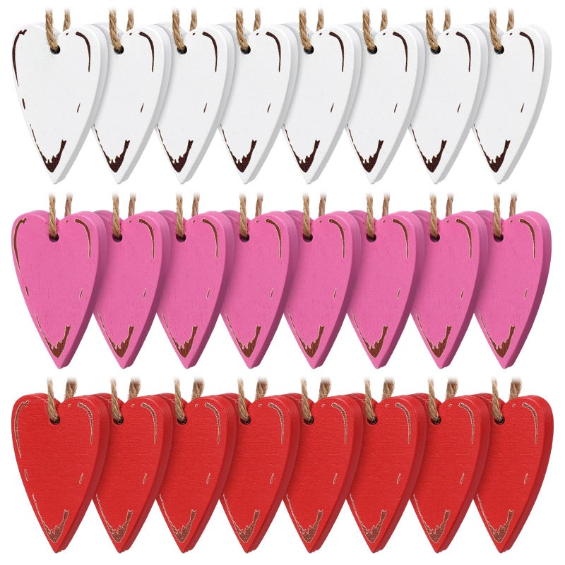 Vercraft 24 Pcs Rustic Valentine's Day Heart Ornaments for Tree Wooden Vintage Pink Red White Valentines Tree Decoration Heart Hanging Ornaments for Home Anniversary Birthday Party Decoration - Image 1